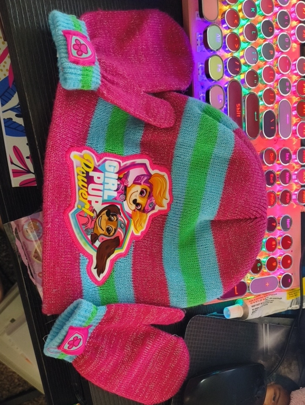 Girls' Paw Patrol Pink & Teal Striped Beanie + Mittens Set